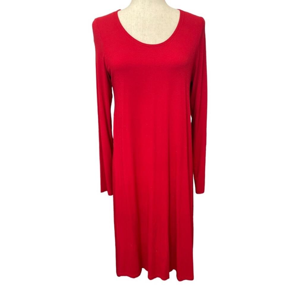 Eileen Fisher Red Scoop Neck Jersey Knit Long Sleeve Dress S